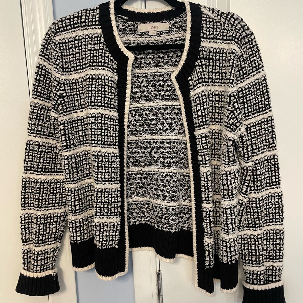 LOFT Black and White Cardigan Sweater with Geometric Patterns
